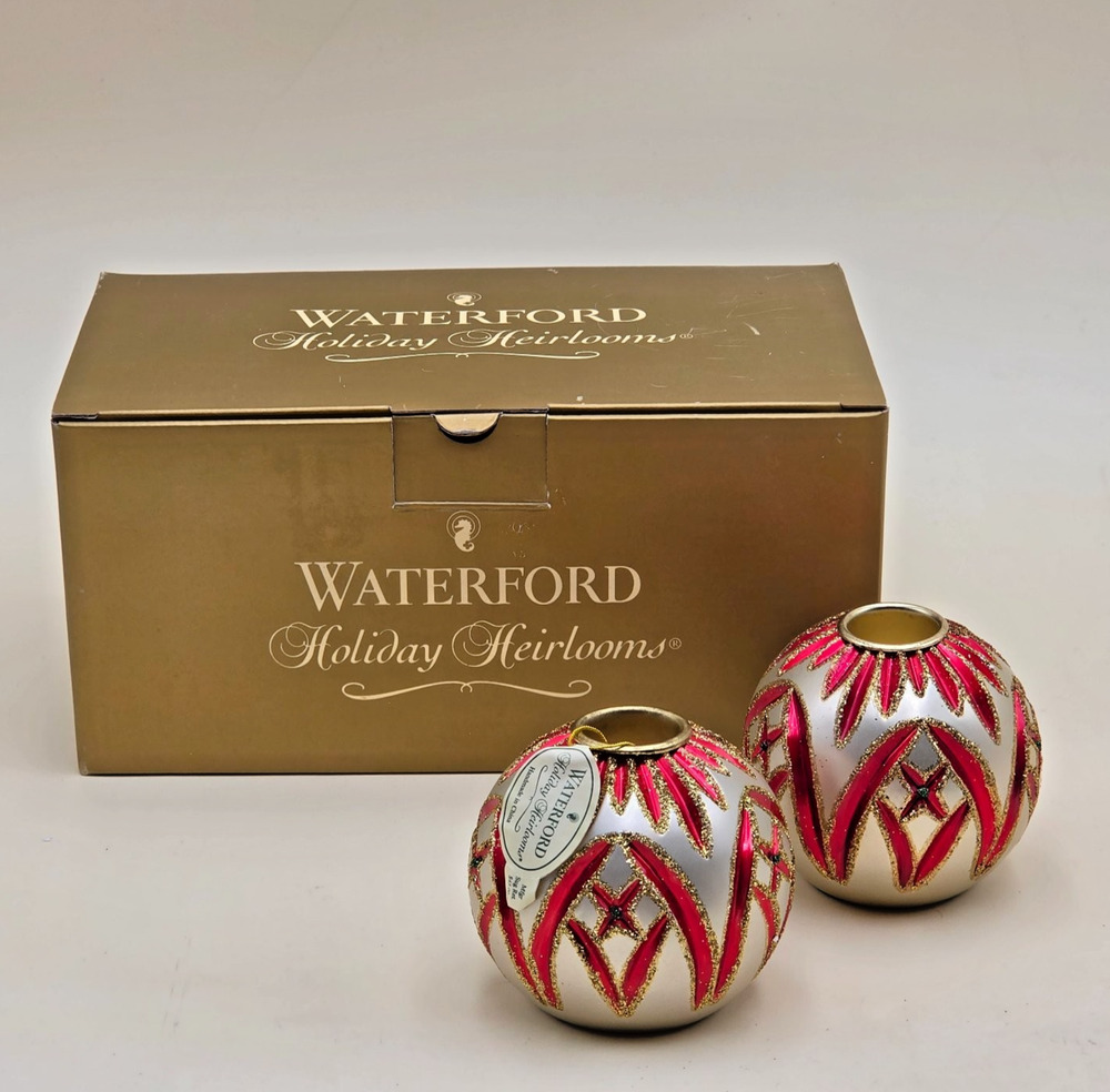Waterford Holiday Heirlooms Cashel Candlestick Holders Red Green Pair New in Box
